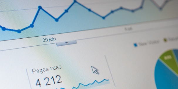 A computer screen displaying a data analytics dashboard with graphs and charts. A blue line graph shows fluctuations in data over time, and a section highlights the number of page views. A pie chart is partially visible, indicating a breakdown of different data elements.